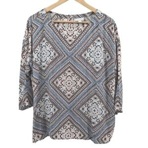 J.Jill Womens Geometric Diamond Floral‎ Print 3/4 Sleeve Top Size L Boho Resort